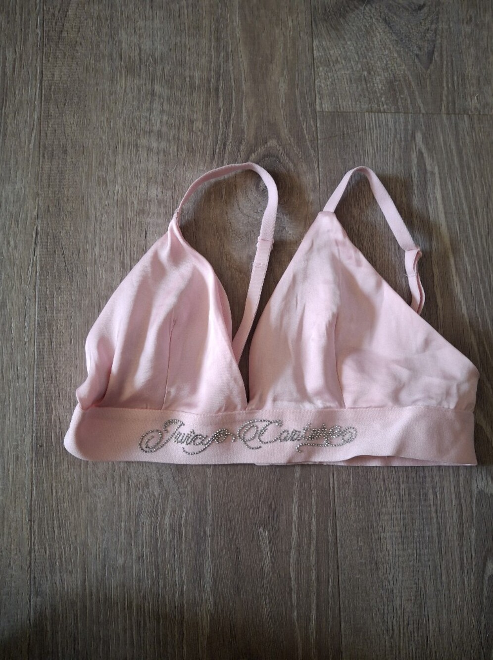 Juicy Couture pink satin bralette with rhinestone logo, size Small bra #y2kfashi
